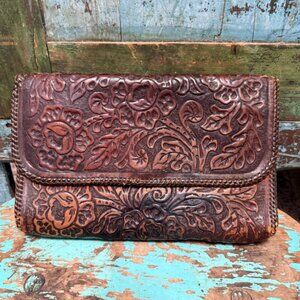 Antique Mexican Tooled Leather Clutch Bag